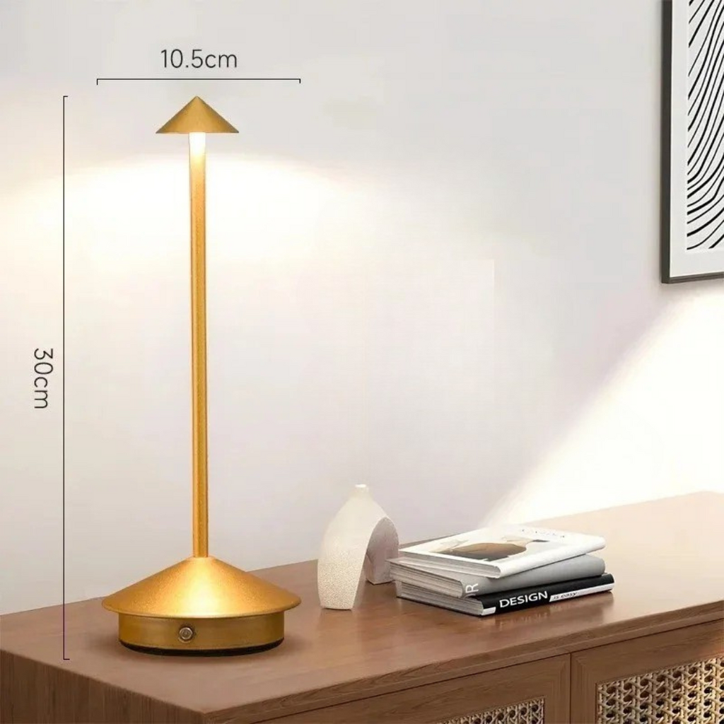 Wiederaufladbare LED-Tischleuchte mit kegelförmigem Schirm und runder Basis