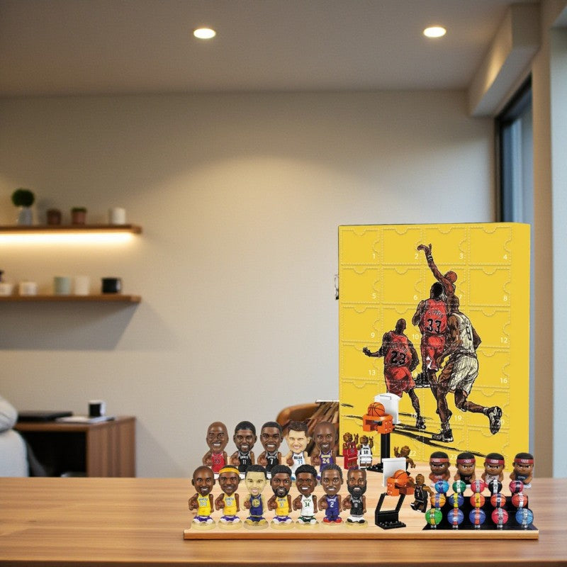 Gelber Adventskalender mit 24 Türchen und Basketballmotiv