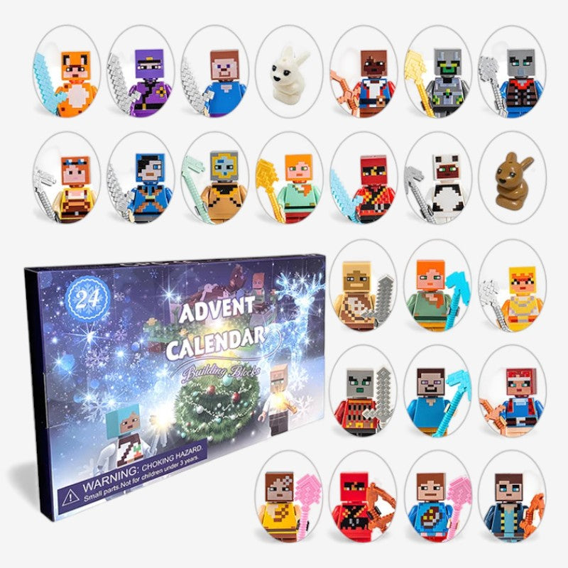 Adventskalender mit 24 Türchen und bunten Anime-Minifiguren im Pixelstil