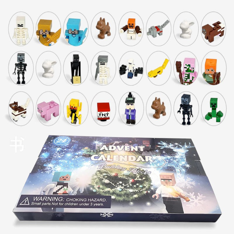 Adventskalender mit 24 Türchen und bunten Anime-Minifiguren im Pixelstil