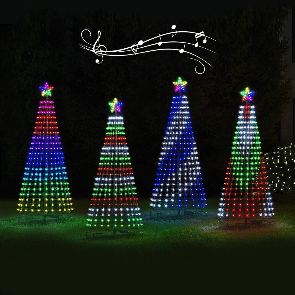 Bunter LED-Weihnachtsbaum mit Sternspitze und kegelförmigem Gestell für den Außenbereich