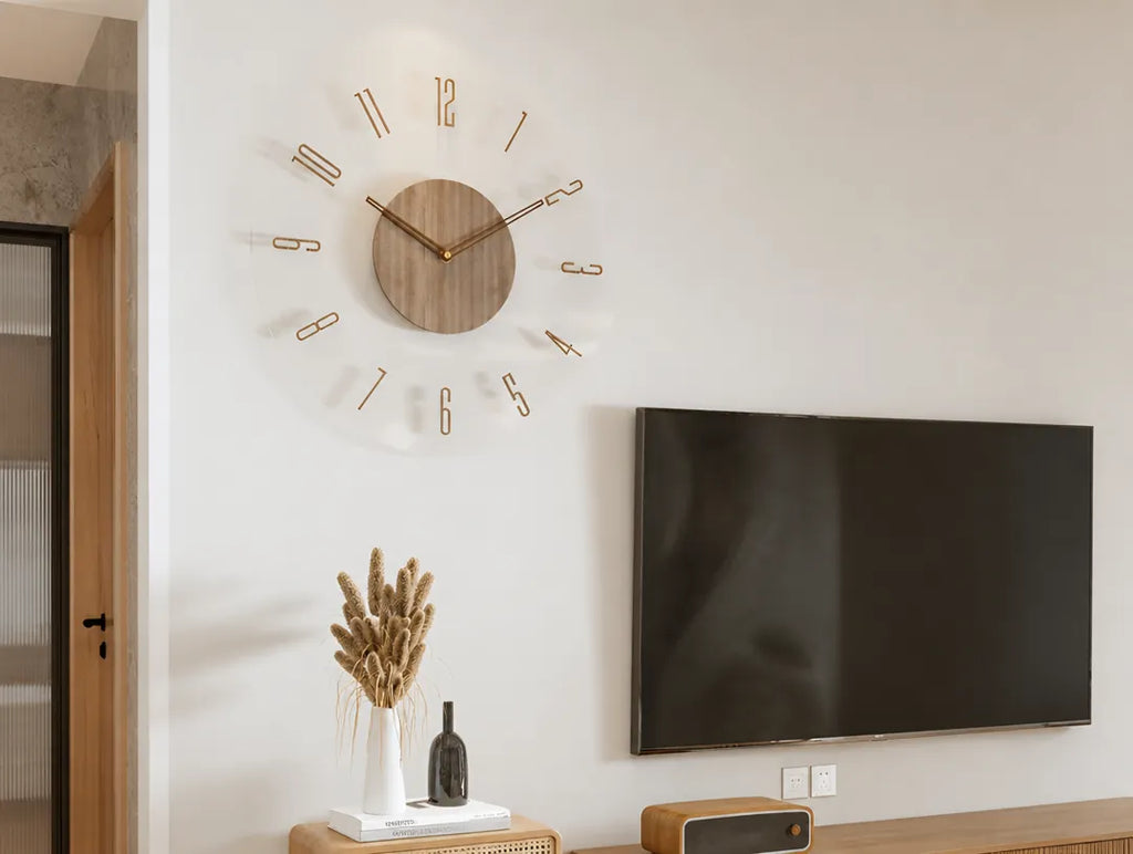 Tempora - Transparente Runde Wanduhr Holzoptik