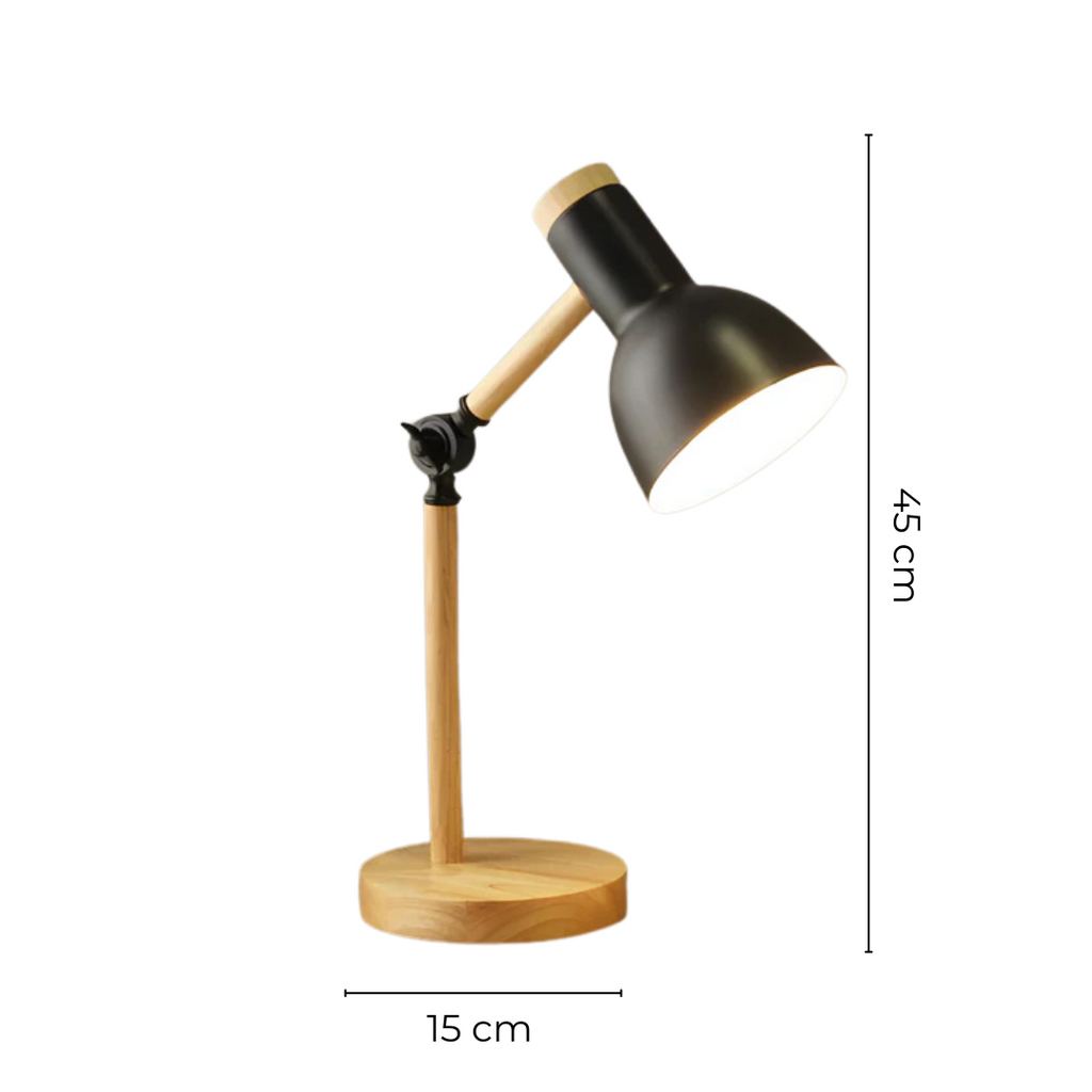 LED-Tischlampe mit verstellbarem Metallschirm und rundem Standfuß in Holzoptik