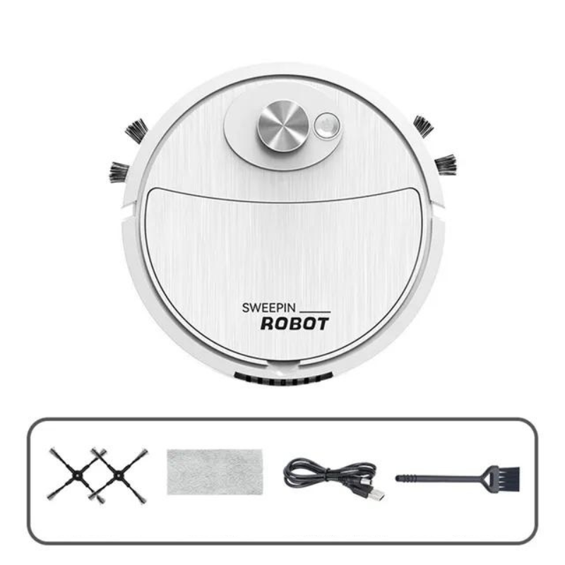 Runder 3-in-1-Saugroboter mit seitlichen Bürsten auf einem Boden