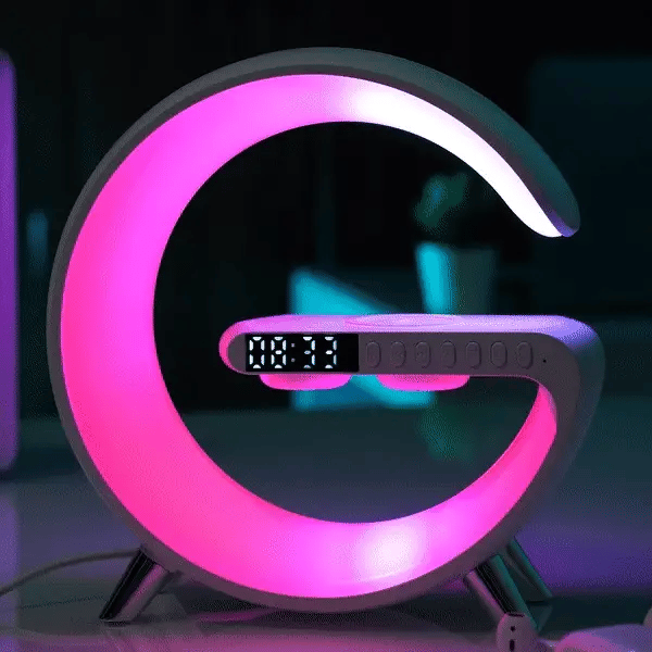 Digitaler Wecker mit rundem Farblicht, Display, Bedientasten und Standfüßen