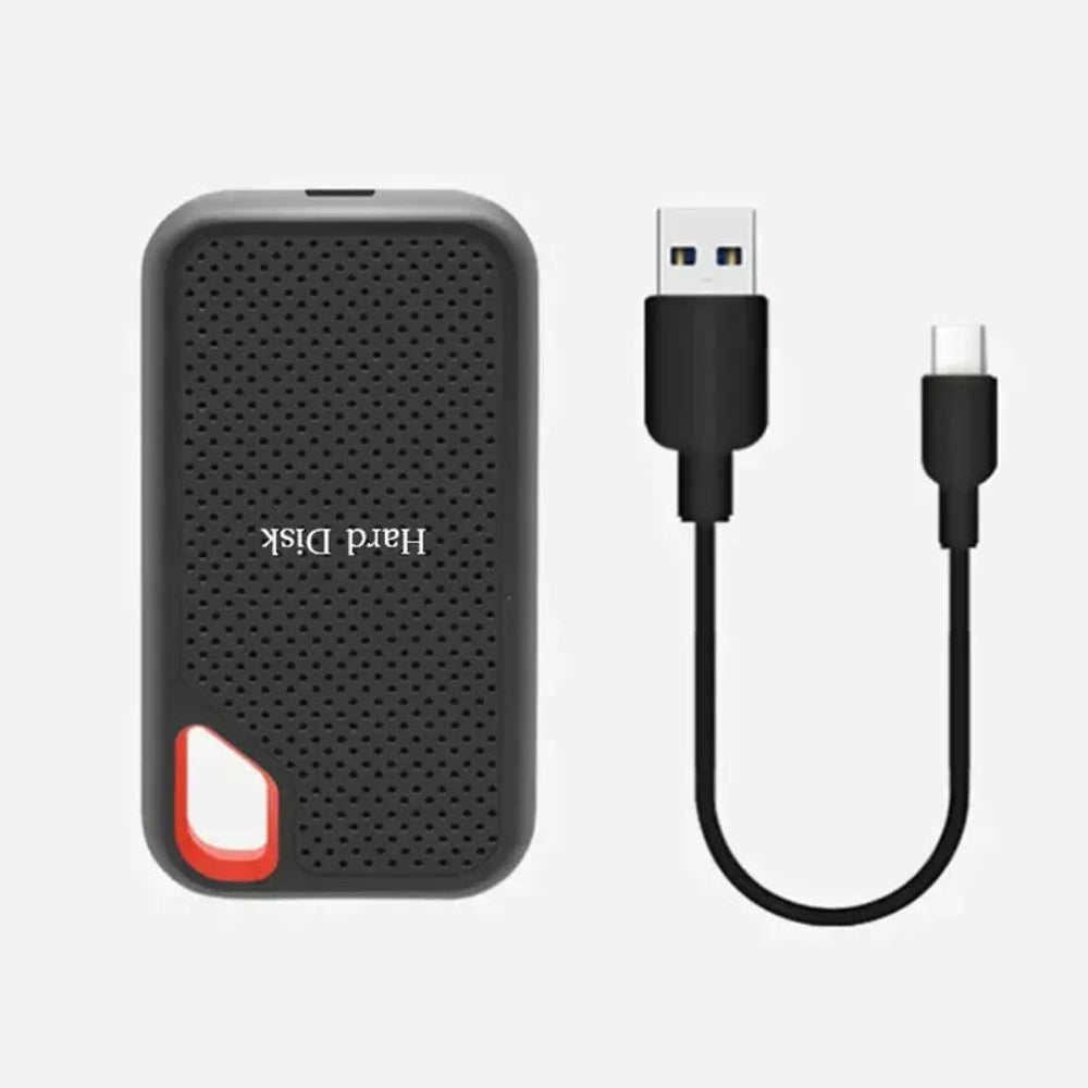 Tragbare schwarze externe SSD mit roter Trageöffnung und USB-C-Anschluss