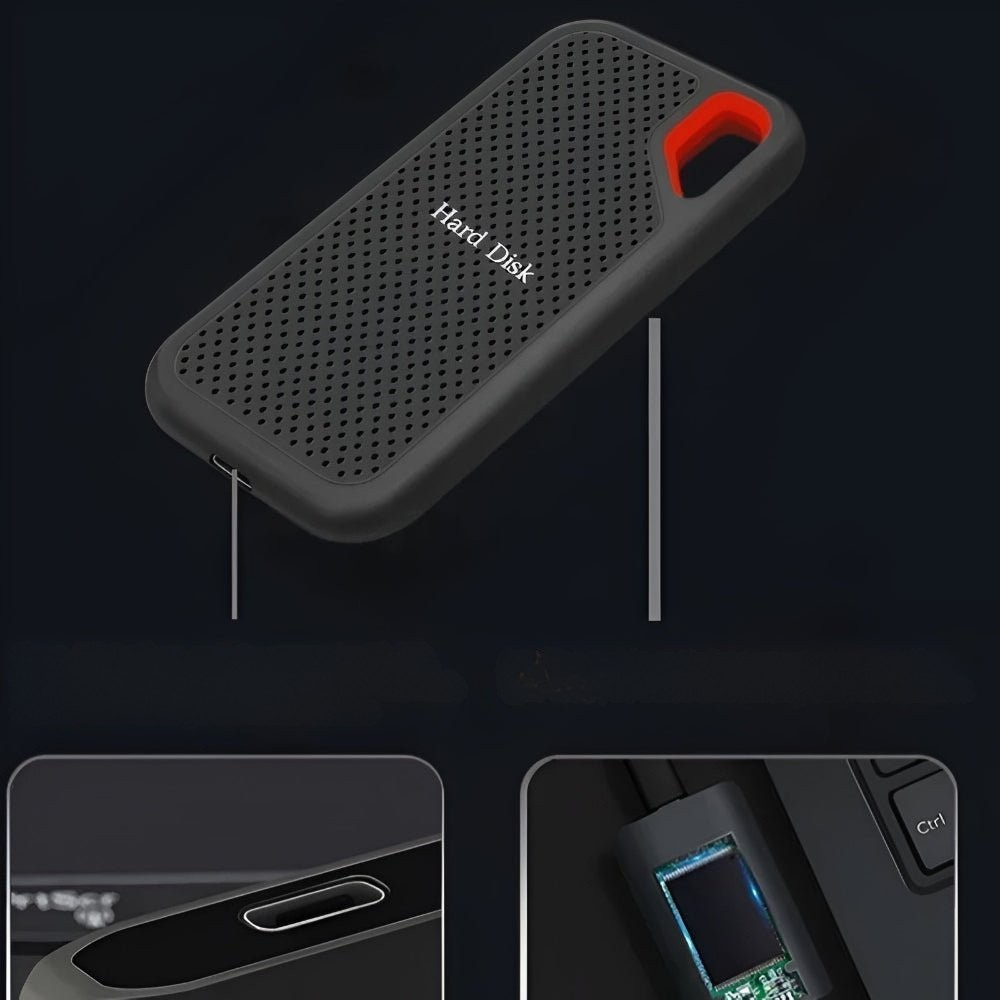Tragbare schwarze externe SSD mit roter Trageöffnung und USB-C-Anschluss