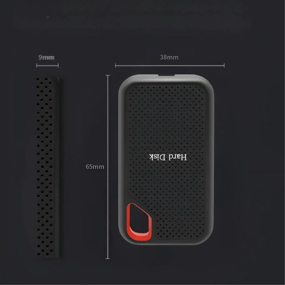 Tragbare schwarze externe SSD mit roter Trageöffnung und USB-C-Anschluss