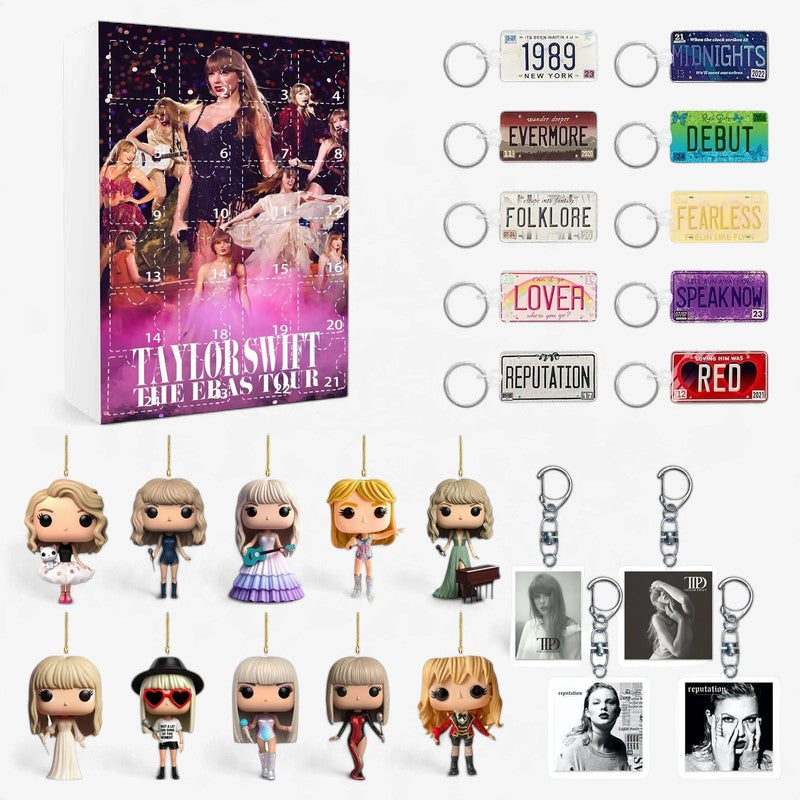 Adventskalender mit 24 Türchen und dekorativen Acryl-Schlüsselanhängern mit Taylor-Swift-Motiven