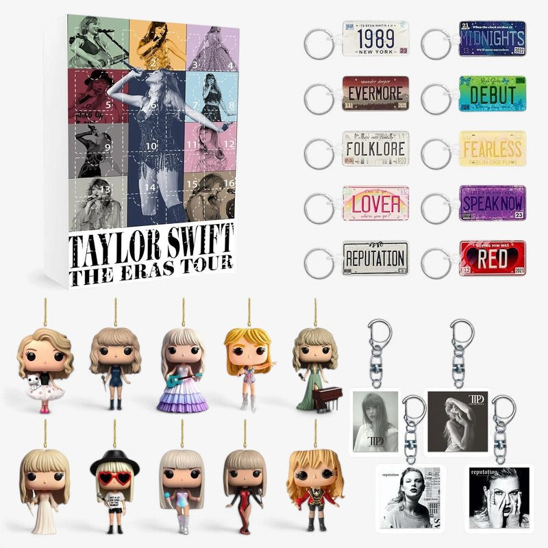 Adventskalender mit 24 Türchen und dekorativen Acryl-Schlüsselanhängern mit Taylor-Swift-Motiven