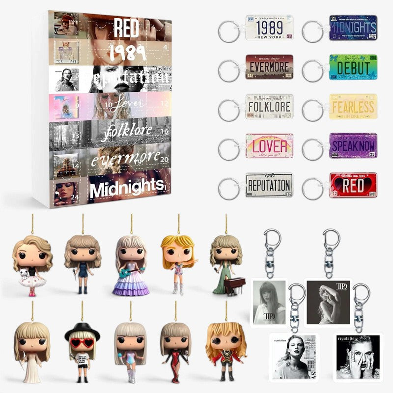 Adventskalender mit 24 Türchen und dekorativen Acryl-Schlüsselanhängern mit Taylor-Swift-Motiven