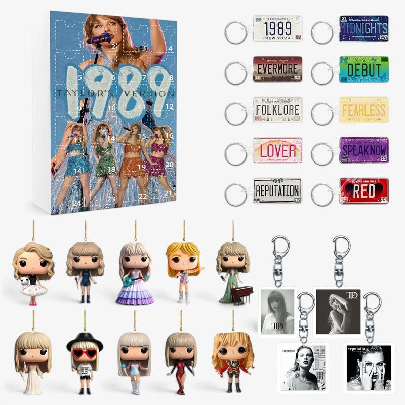 Adventskalender mit 24 Türchen und dekorativen Acryl-Schlüsselanhängern mit Taylor-Swift-Motiven