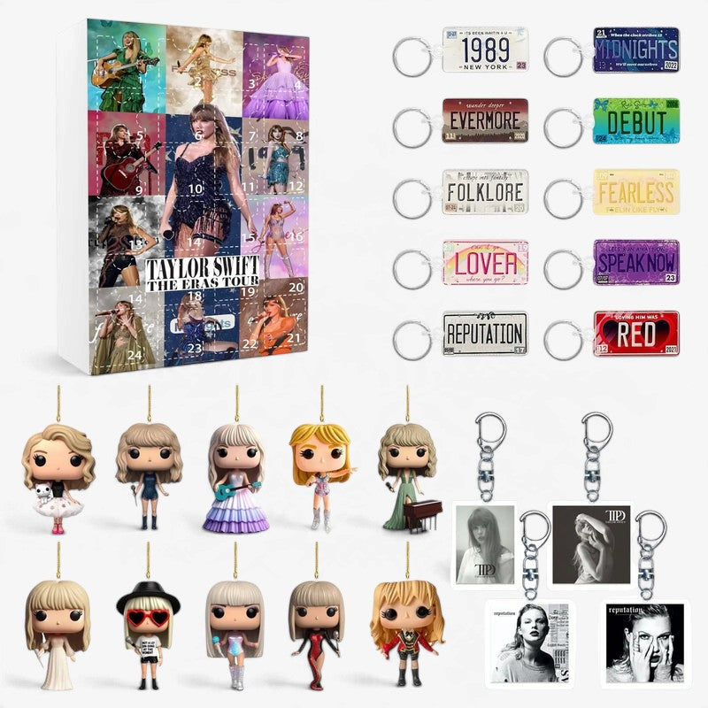 Adventskalender mit 24 Türchen und dekorativen Acryl-Schlüsselanhängern mit Taylor-Swift-Motiven