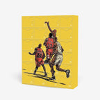 Gelber Adventskalender mit 24 Türchen und Basketballmotiv