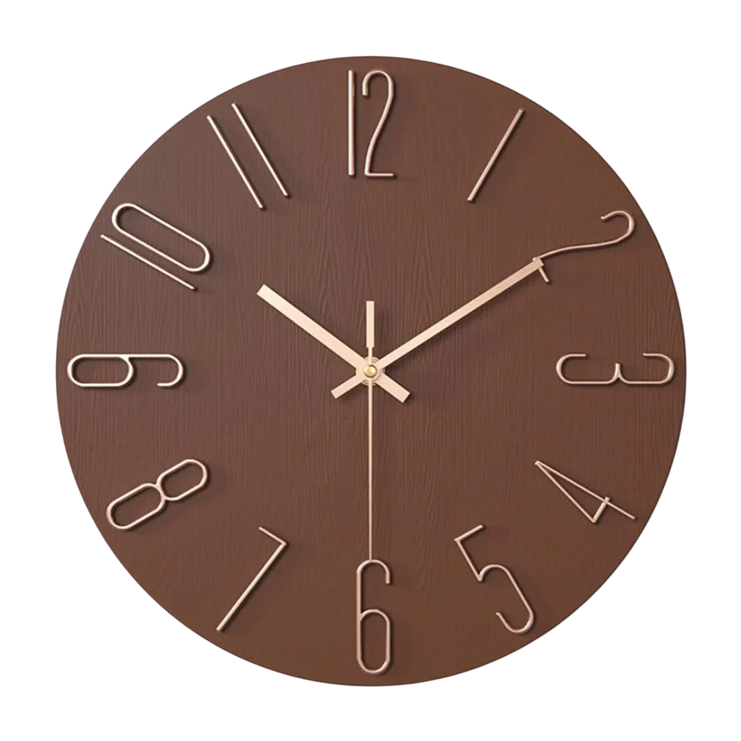 Runde Wanduhr mit Quarzwerk, Holzoptik-Zifferblatt und kontrastreichen Ziffern