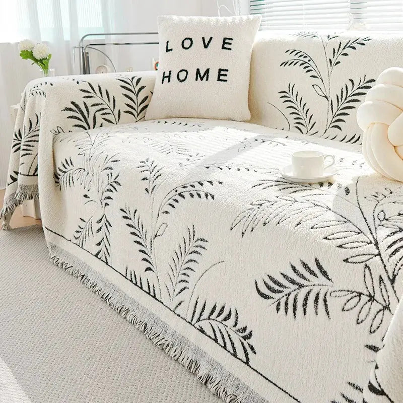 Sofadecke mit botanischem Jacquard-Blättermuster und Fransen