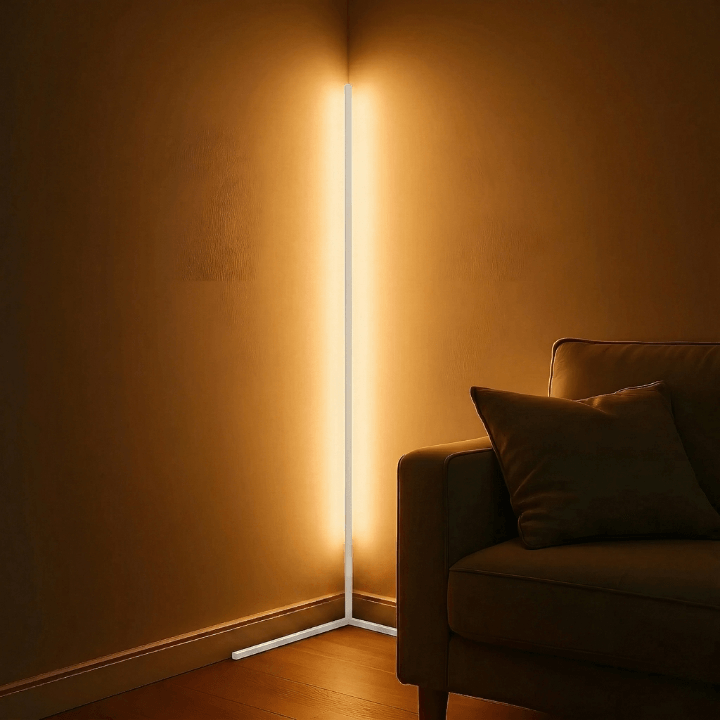 Schlanke LED-Eckstehlampe mit L-förmigem Standfuß neben einem Sofa