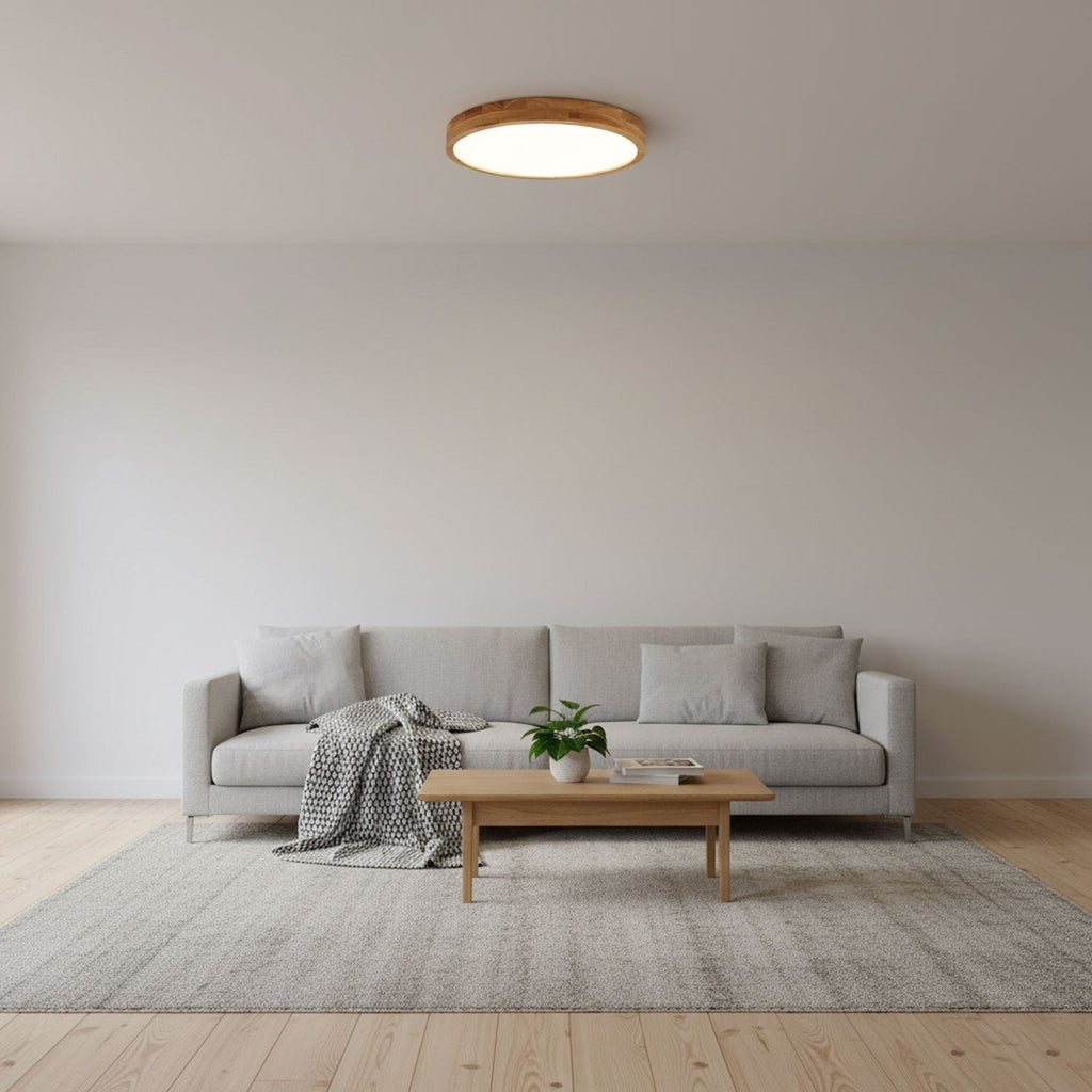 Runde LED-Deckenleuchte mit braunem Holzdekor und weißer Lichtfläche