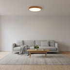 Runde LED-Deckenleuchte mit braunem Holzdekor und weißer Lichtfläche