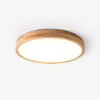 Runde LED-Deckenleuchte mit braunem Holzdekor und weißer Lichtfläche