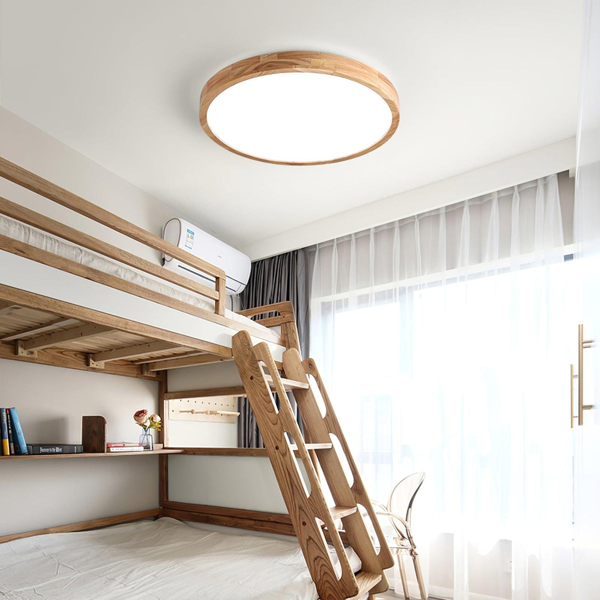 Runde LED-Deckenleuchte mit braunem Holzdekor und weißer Lichtfläche