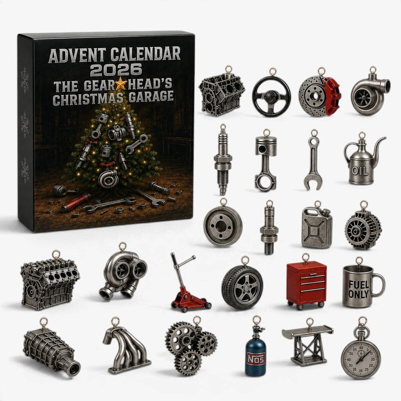 Schwarzer Adventskalender mit 24 Auto- und Werkstattdekorationen