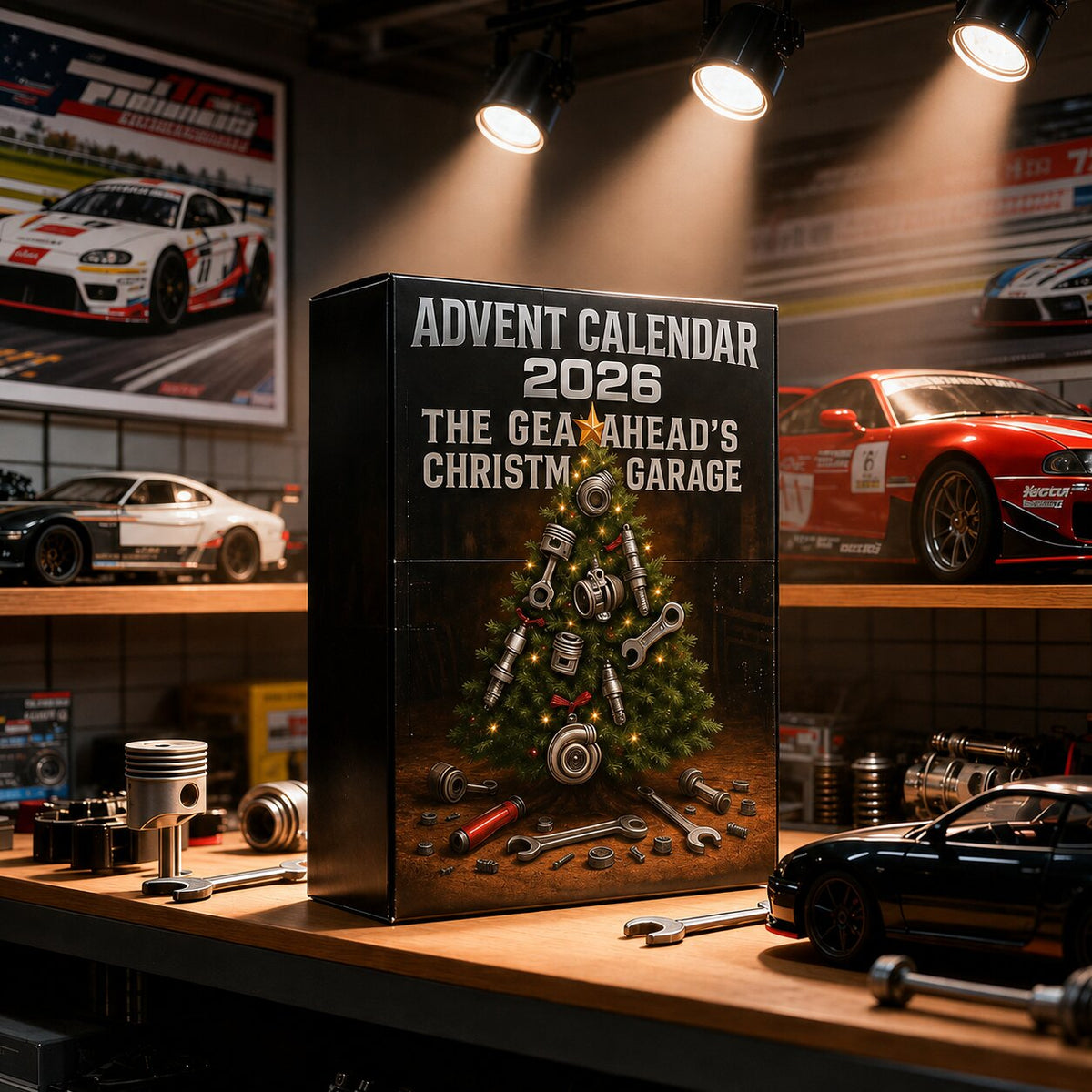 Schwarzer Adventskalender mit 24 Auto- und Werkstattdekorationen