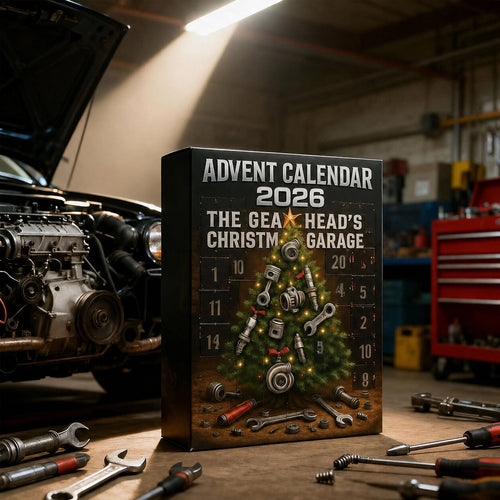 Schwarzer Adventskalender mit 24 Auto- und Werkstattdekorationen