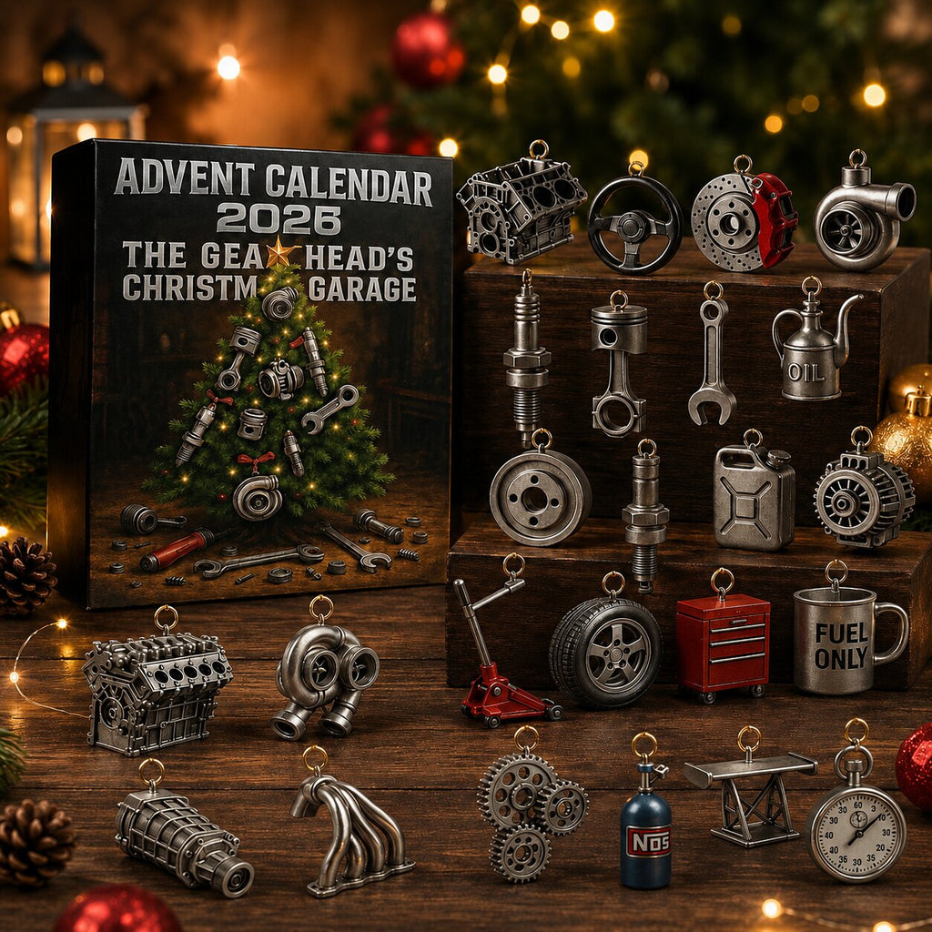 Schwarzer Adventskalender mit 24 Auto- und Werkstattdekorationen
