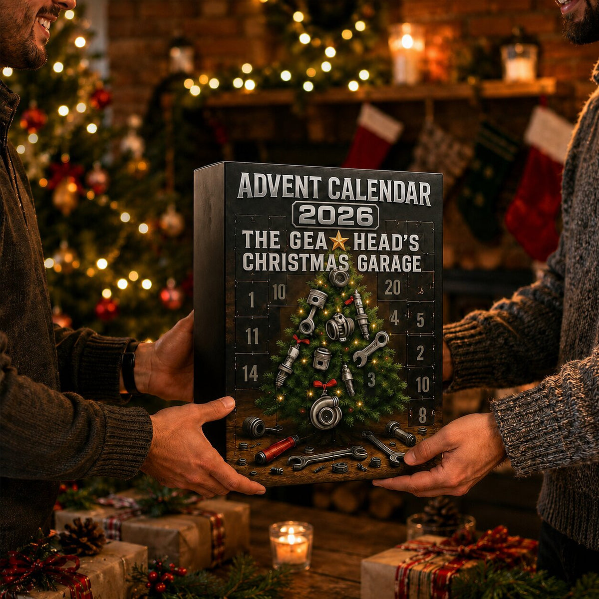 Schwarzer Adventskalender mit 24 Auto- und Werkstattdekorationen