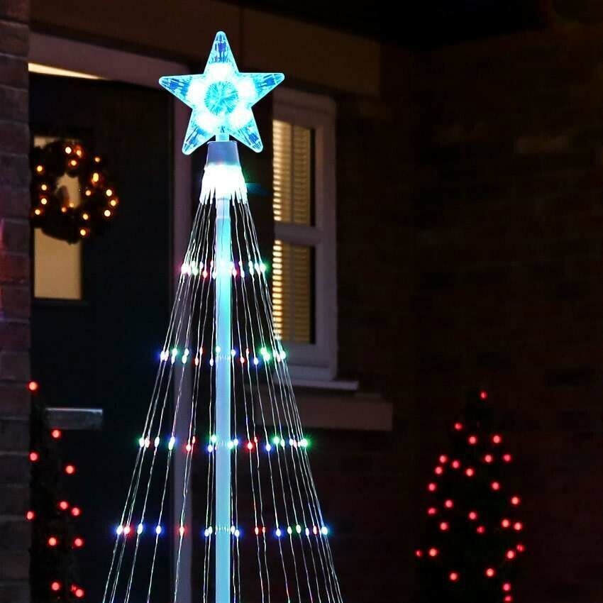 Bunter LED-Weihnachtsbaum mit Sternspitze und kegelförmigem Gestell für den Außenbereich