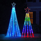 Bunter LED-Weihnachtsbaum mit Sternspitze und kegelförmigem Gestell für den Außenbereich