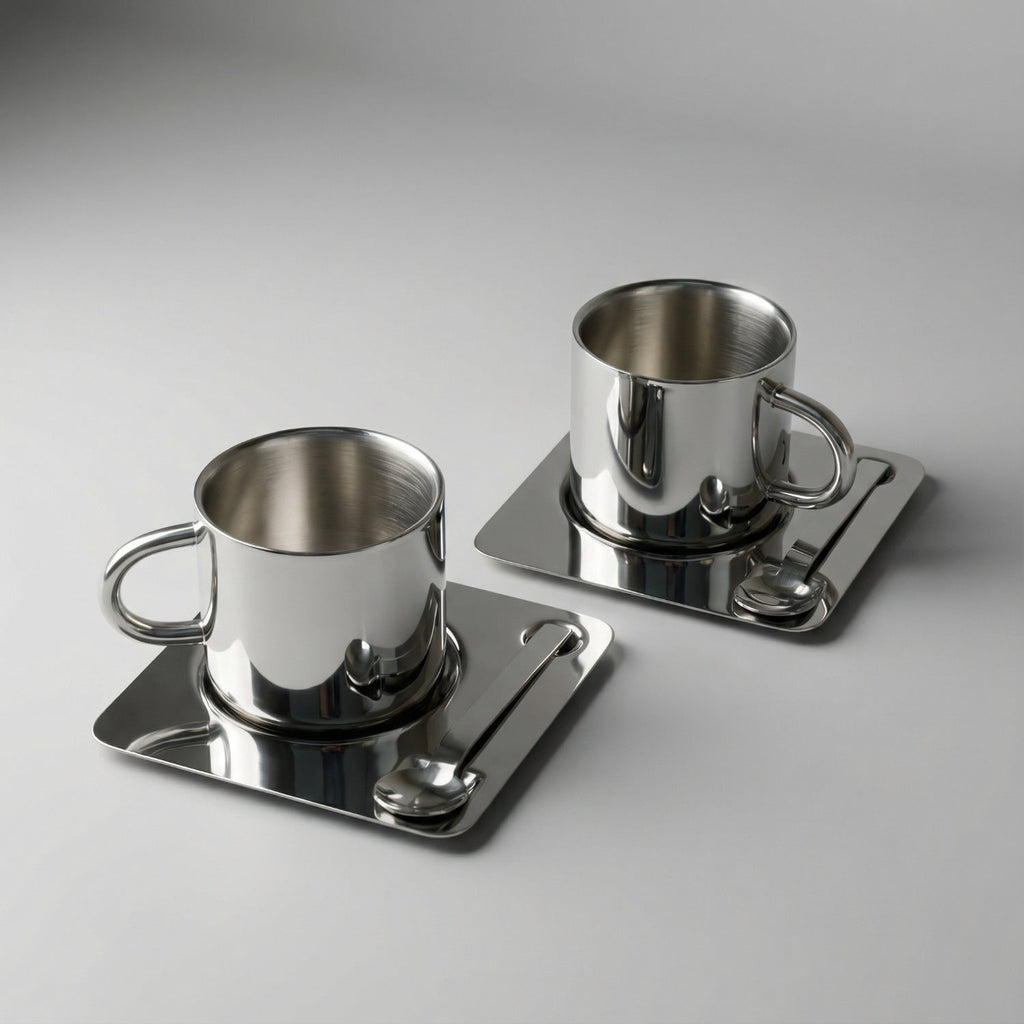 Silberfarbene Tasse mit Untertasse und Löffel in spiegelnder Optik