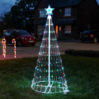 Bunter LED-Weihnachtsbaum mit Sternspitze und kegelförmigem Gestell für den Außenbereich