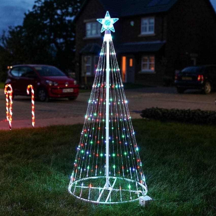 Bunter LED-Weihnachtsbaum mit Sternspitze und kegelförmigem Gestell für den Außenbereich