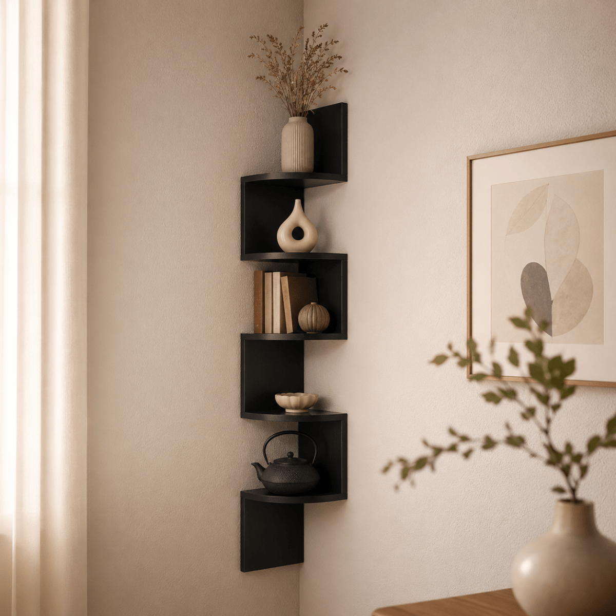 Eck-Wandregal mit mehreren offenen Ablagefächern für Dekoration und Bücher