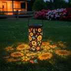 Braune Solar-Blumenlaterne mit Hängegriff und farbigem Blumenlichtmuster