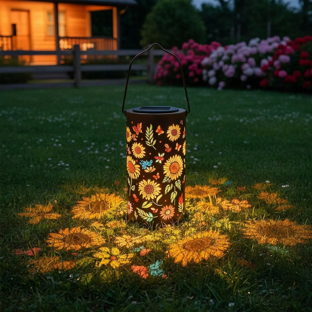 Braune Solar-Blumenlaterne mit Hängegriff und farbigem Blumenlichtmuster