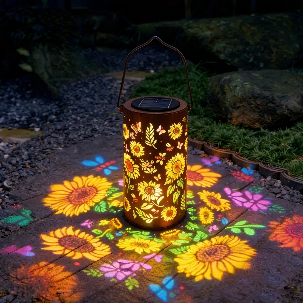 Braune Solar-Blumenlaterne mit Hängegriff und farbigem Blumenlichtmuster