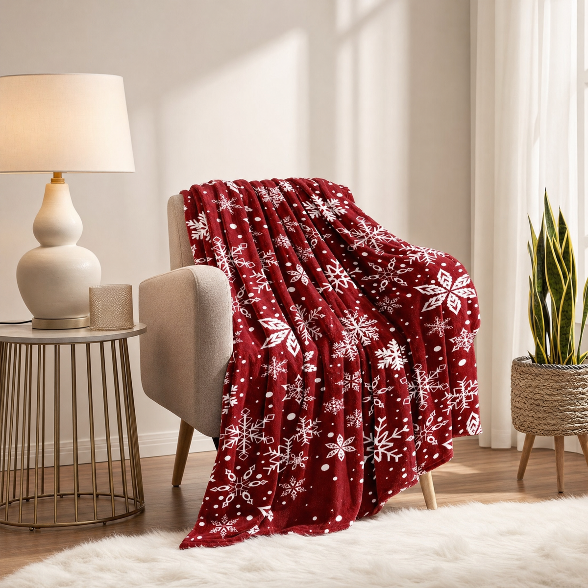 Rote Fleecedecke mit weißem Schneeflockenmotiv über einem Sessel