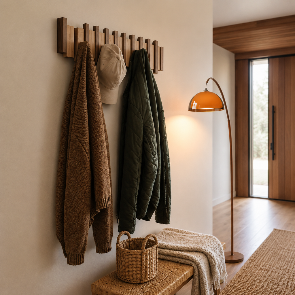 Wandgarderobe aus Holz mit mehreren Klapphaken in hellen und dunklen Holztönen