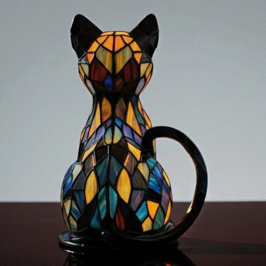 Bunte LED-Tischlampe in Katzenform mit geometrischem Mosaikdesign