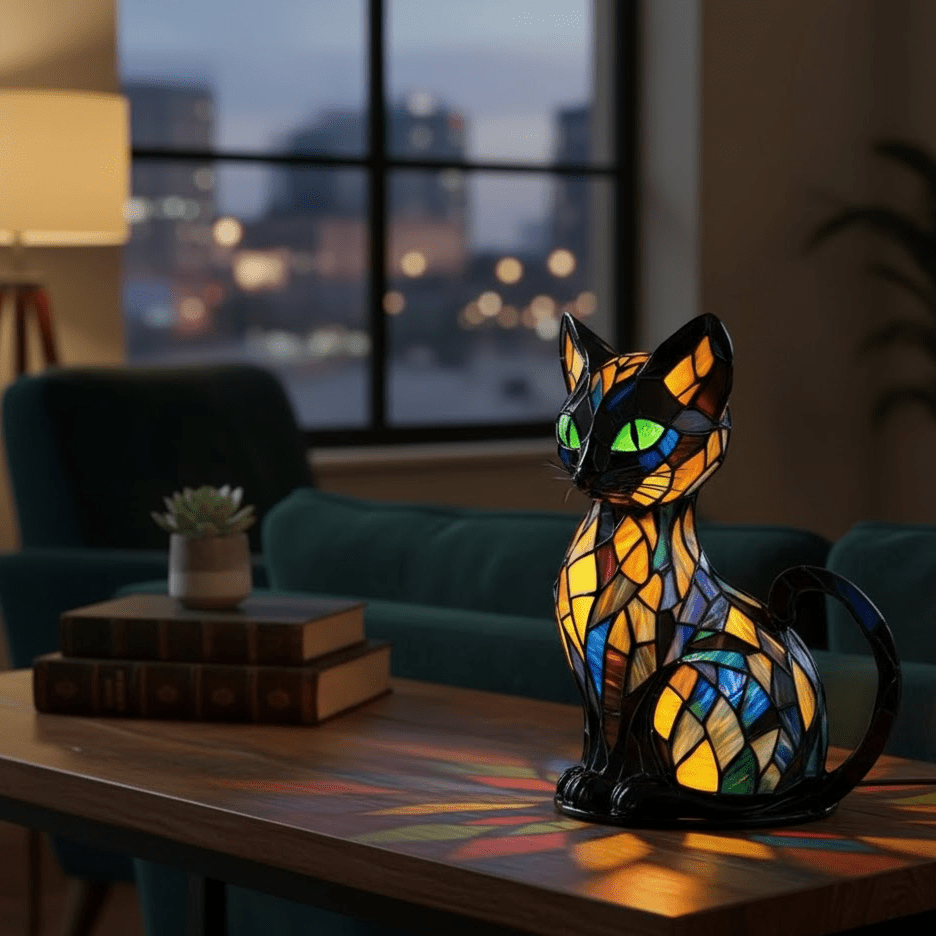 Bunte LED-Tischlampe in Katzenform mit geometrischem Mosaikdesign