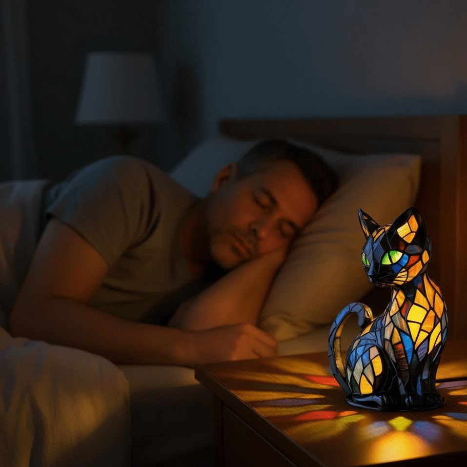 Bunte LED-Tischlampe in Katzenform mit geometrischem Mosaikdesign