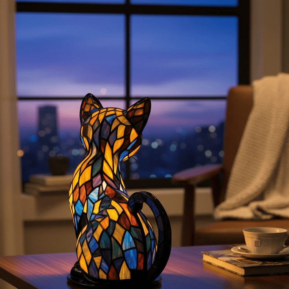 Bunte LED-Tischlampe in Katzenform mit geometrischem Mosaikdesign