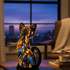 Bunte LED-Tischlampe in Katzenform mit geometrischem Mosaikdesign