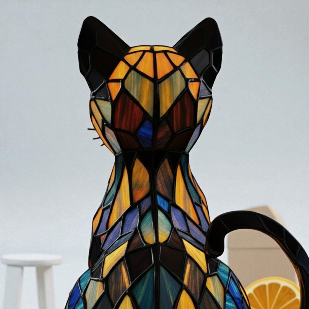 Bunte LED-Tischlampe in Katzenform mit geometrischem Mosaikdesign